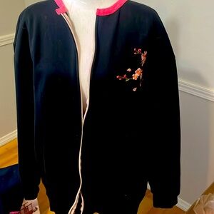 Black Embroidered Sweat Shirt with pockets, zipper, and pink trim